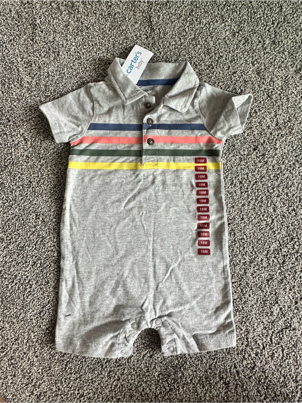 NWT Carter’s Baby Boy Striped Polo Romper Gray Multi Color 18 Months